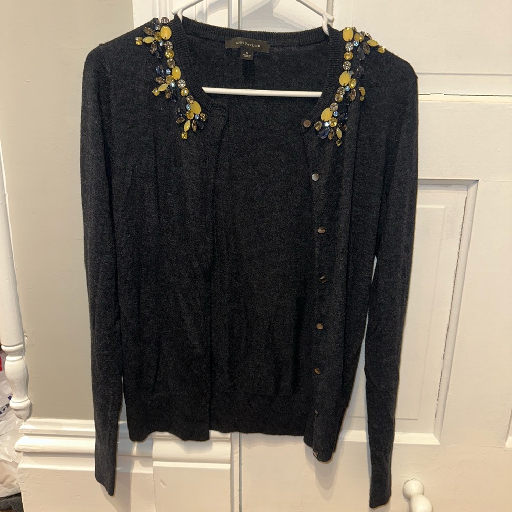 Ann Taylor Dark Grey Cardigan with Yellow & Blue Shoulder Gems